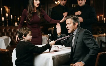 "Release the tie," the man said, his voice carrying absolute authority that made the restaurant's candlelight flicker. I watched my seven-year-old's fingers tremble but hold on tight, standing between men who could break him with one hand. Then he mentioned the black car with the scratched bumper outside our building — and the entire table went silent.