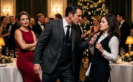 "Don't walk away from me," Marcus hissed, his fingers digging into my arm at a glittering Christmas party where I was serving drinks. Everyone was watching — the wealthy guests, my ex's new girlfriend, all of them waiting for me to fall apart. Then the crowd parted, a man with black eyes and an expensive suit stepped forward, and he said exactly four words to my ex. The way Marcus's face went pale told me something terrifying and wonderful had just begun.