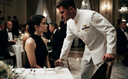 "What's your rank, sweetheart?" the Navy SEAL leaned over her table, his gold trident catching the chandelier light. She said nothing — just set down her water glass without a sound and looked straight through him. Then four four-star generals walked into the ballroom, snapped to attention, and saluted the woman he'd just called a stray in front of 300 people.