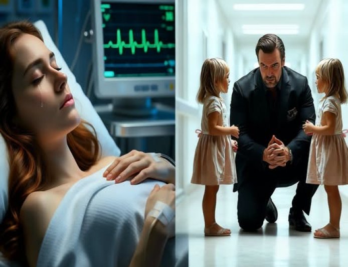 THE MAFIA BOSS WENT TO THE HOSPITAL FOR BUSINESS—AND FOUND HIS TWINS CRYING FOR THE WOMAN HE BETRAYED SIX YEARS AGO Kingston Cross walked into Mercy General Hospital for business. Not love. Not forgiveness. Not fate. A storm was tearing through the city that night, rain slamming against the windows like fists, lightning flashing white across the sterile halls. Kingston barely noticed. He had lived through worse storms than weather. He had walked through blood. Betrayal. Gunfire. Funerals. He had built an empire from fear and kept it standing by making sure no one ever saw him tremble. That night, he was there to meet an injured informant. A quick conversation. A name. A location. A debt collected in whispers instead of bullets. Then he heard a child crying. It was soft at first. Almost hidden beneath the hum of fluorescent lights and the distant rush of nurses’ shoes on polished tile. Kingston stopped mid-step. He hated hospitals. Too clean. Too quiet. Too full of ghosts. But that cry reached somewhere beneath the armor he had spent six years building. He turned toward the waiting area. Two little girls were sitting on the cold floor near a vending machine, huddled together like the world had forgotten them there. One clutched a pink teddy bear so tightly its fur was soaked with tears. The other stared at the floor, lips trembling, whispering the same words over and over. “Mommy, please wake up.” Kingston should have walked away. He was not a kind man. He was not the sort of man strangers approached for comfort. He was the sort of man strangers crossed the street to avoid. But his feet moved toward them anyway. The older girl looked up first. Wide hazel eyes met his. Kingston’s breath caught. Those eyes. That shape. That tiny dimple fighting through tears on her cheek. Something inside him recognized them before his mind dared to. Then a nurse hurried past, voice sharp with panic. “Julia Carter is still unresponsive. We need more time.” Julia. The name hit Kingston like a bullet. For one second, the hallway spun. The storm outside vanished. The hospital disappeared. All he could hear was that name. Julia Carter. The woman he had loved. The woman he had blamed. The woman he had thrown away six years ago without letting her speak. He turned slowly toward the ICU doors. At the end of the corridor, a chart glowed beneath harsh white light. Julia Carter. ICU. Critical. Kingston reached for the door handle, but his fingers stopped against the cold metal. He had faced men with knives at his throat and guns pressed to his ribs. He had watched enemies die without blinking. But he could not open that door. Behind him, one of the twins whispered, “Mommy will wake up soon, right?” The other answered, “She promised.” Kingston closed his eyes. His chest tightened until breathing hurt. He had walked into this hospital for business. But fate had been waiting in the waiting room, wearing two small faces and crying for their mother. Then the monitor inside Julia’s room screamed. A flat, terrible sound. Doctors rushed. Nurses shouted. The room exploded into chaos. Kingston pressed his palm to the glass and saw her. Julia. Pale. Motionless. Wires across her skin. A mask over her mouth. Her hair spread against the pillow like a memory he had tried and failed to bury. For the first time in six years, Kingston Cross whispered her name. “Julia.” And for the first time in six years, the most feared mafia boss in the city was afraid. The last time Kingston saw Julia Carter, rain had been falling too. Six years earlier, she stood in the foyer of his mansion with tears on her face and one hand pressed to her stomach. He had not noticed the hand. He noticed only the rage inside himself. His empire was bleeding then. Someone had betrayed him. A shipment vanished. Two trusted men died. Evidence appeared pointing toward Julia.