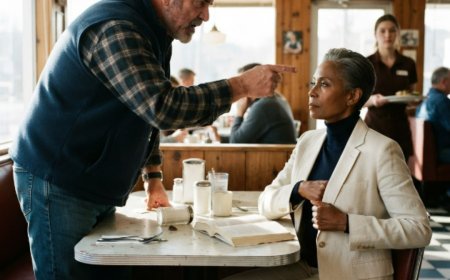 "You'll need to gather your things," the man in the fleece vest told her, standing over her table in the quiet restaurant. She hadn't looked up from her book yet. Then she reached into her blazer pocket and set something on the table. She didn't hand it to him. She set it down, the way you set something down when you want a person to come to it. And when he finally looked at what was written on that card, the silence that followed was louder than any argument could have been.
