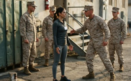 "I would back up if I were you," the corporal said, blocking the only exit. Four young Marines cornered a woman in plain gray athletic clothes behind the barracks—and ten seconds later they were all on the ground. She warned them once. She never raised her voice. Then she made a single phone call, said "Let it run," and waited for the truth to arrive on its own time. They had no idea who they'd just touched.