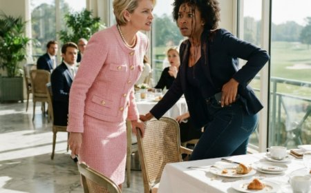 "THOMAS, GET OVER HERE." The country club president's wife snapped her fingers at the Black manager while her 12-year-old son wiped chocolate from his hands. He had just launched a croissant at the quiet woman in jeans sitting alone near the window. His mother was still laughing when the woman finally stood up — and said six words that made the entire terrace go silent. Then she pulled out her phone, tapped the screen once, and everything they owned started to disappear.