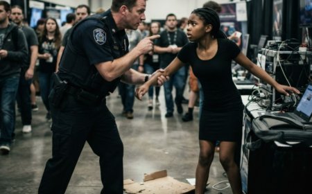 "Get your hands off that equipment," Officer Cunningham barked, dragging Amara away from her science booth while the crowd turned away. Then the judges started searching for her, and an Asian student pulled out his phone to film. The moment that video hit the internet, the officer's career ended — and Amara's 18 months of work from salvaged parts was about to become a national sensation.