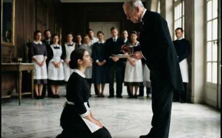 "Sign this paper," the butler slid the document across the marble floor right there in the East Hall, with 11 servants standing in a line along the wall. I thought it was all over when I said no for the third time — and then I heard footsteps on the stairs above me. The man who owned everything in that house had been standing there long enough to hear every word. But when he finally spoke, he didn't defend me. He didn't fire the butler. He asked one question about a key I'd found inside a clock — a key to a room that had been locked for 30 years — and the look on the butler's face told me I'd just stepped into something far darker than a simple theft accusation.
