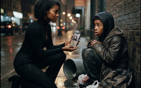 "Would you like a warm meal in a safe place tonight?" the woman in the expensive suit asked the homeless teenager, kneeling beside him in the rain. He looked at her like she was crazy, demanded to know what the catch was. Then she showed him a photo of herself — same corner, same cardboard sign — from seven years ago. He froze. Then she said something that made his entire world shift.