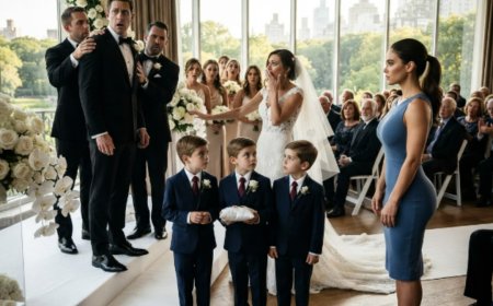 "Dad, you left these rings at mom's house," the six-year-old boy said, his voice ringing through the stunned silence of the Plaza Hotel's terrace room. The bride stumbled backward in her $15,000 dress as Trevor Callaway stood frozen at the altar, his face draining of all color. Then his ex-wife Paige walked down the same aisle, placed her hands on the shoulders of three identical boys, and spoke the words that would destroy everything he had built — and reveal the devastating truth he had spent six years burying.