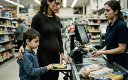 "The cashier counted the last few coins twice before looking up. You're still short by 83 cents." Helen Wallace quietly reached into her basket, lifted out a small box of crayons and a birthday card, then placed them on the counter. Her 8-year-old son never complained. She whispered, "Bread first. Dreams can wait one more week." The man standing behind them froze — because he hadn't heard those words since his own mother said them decades ago. Then he did something that changed everything.