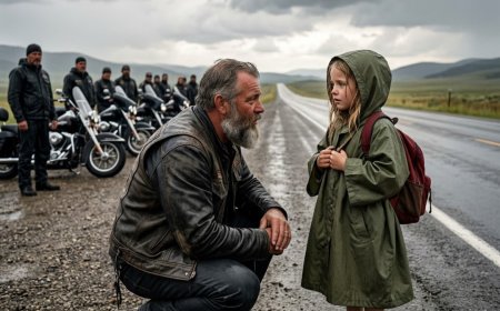 "Get out," Claire said — two words that left 8-year-old Emma Walker alone on a Montana highway in the pouring rain. She sat there for 45 minutes with only a library book to hold. Then 170 Hells Angels rounded the curve. The biggest one crouched down, asked her name, and what she told him made every single rider stop their engines and refuse to leave. But Emma's story went back two years — and the truth she finally revealed changed everything.